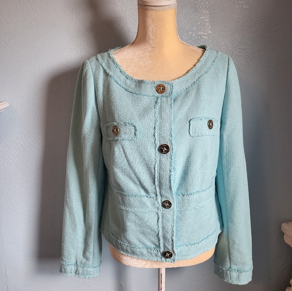 Lilly Pulitzer teal Blazer/jacket frayed raw edging detailing  A73 - Picture 1 of 10